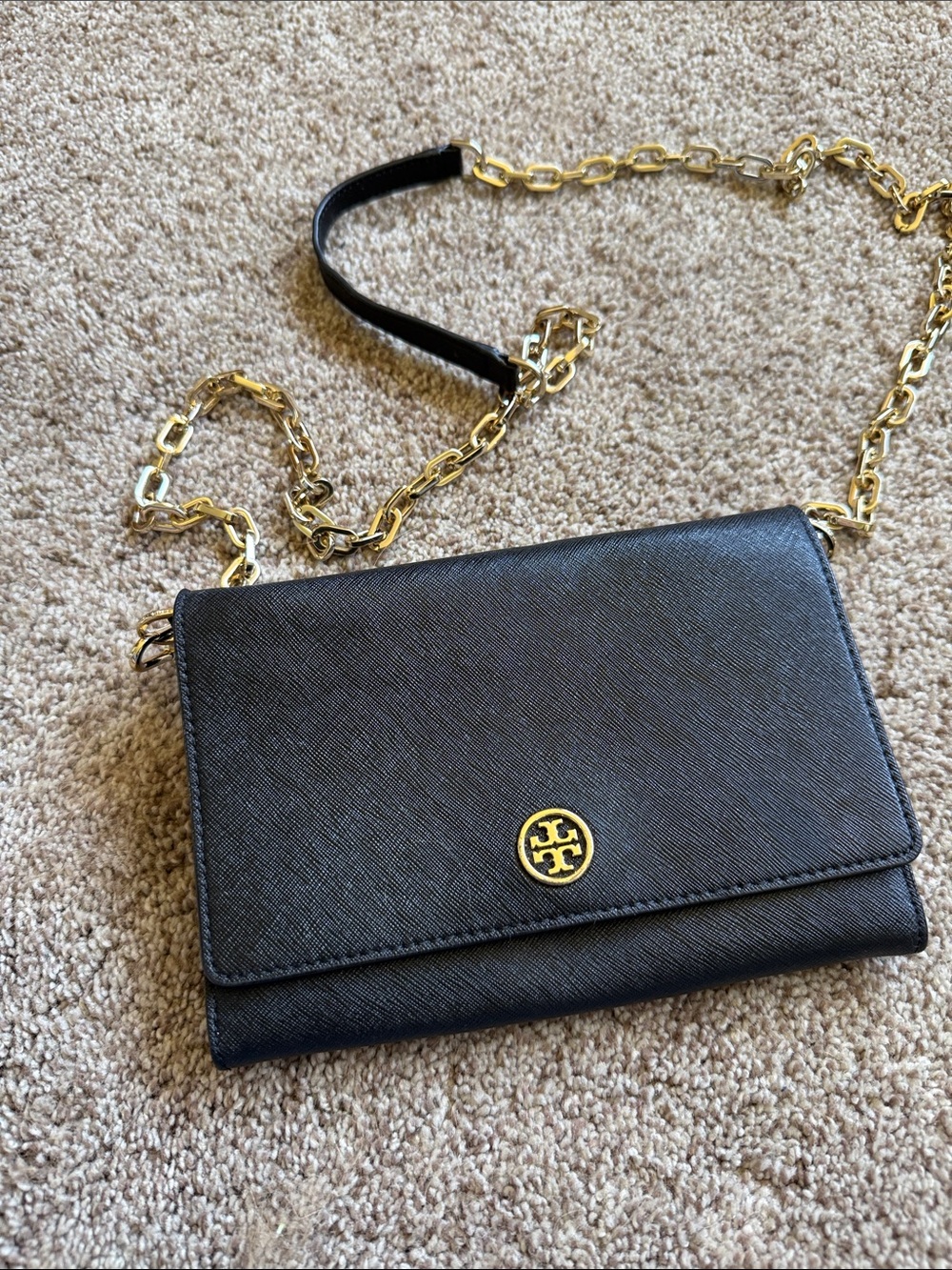 Tory Burch Black Saffiano Leather Chain Wallet Crossbody Bag” 
Tory Burch Black
